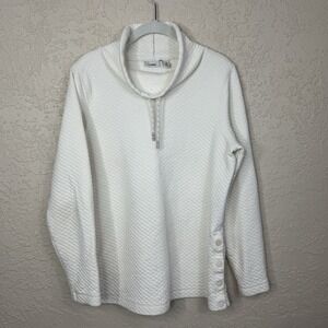 LL Bean Pullover Womens Medium Quilted Cowl Neck Side Snap Outdoor Coastal White